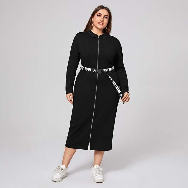 

Plus Zip Front Push Buckle Belted Dress, Black