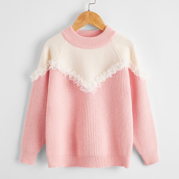 

Girls Two Tone Lace Trim Sweater, Pink