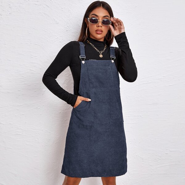 

Pocket Patched Cord Overall Dress, Navy blue