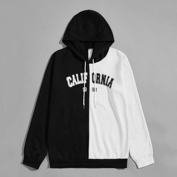 

Men Two Tone Letter Graphic Drawstring Hoodie, Black and white