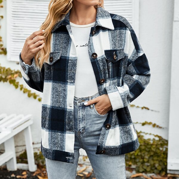 

Flap Detail Drop Shoulder Plaid Coat, Blue and white