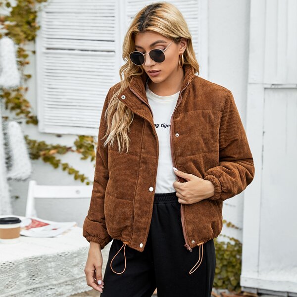 

Drawstring Hem Cord Puffer Jacket, Brown