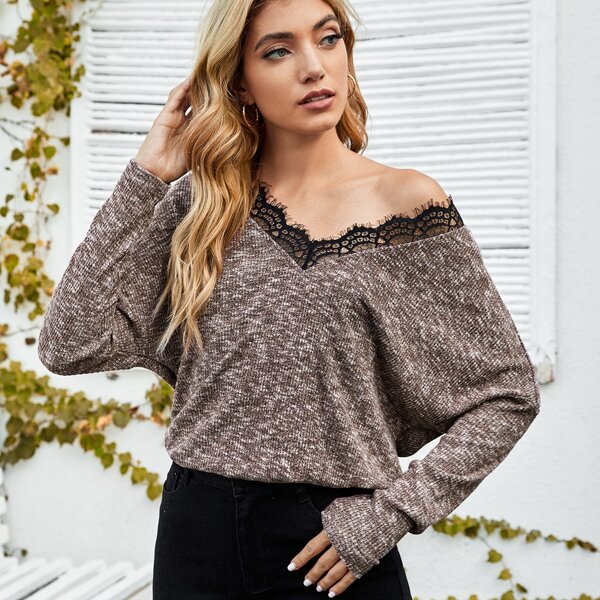 

Drop Shoulder Eyelash Lace Trim Neck Sweater, Mocha brown