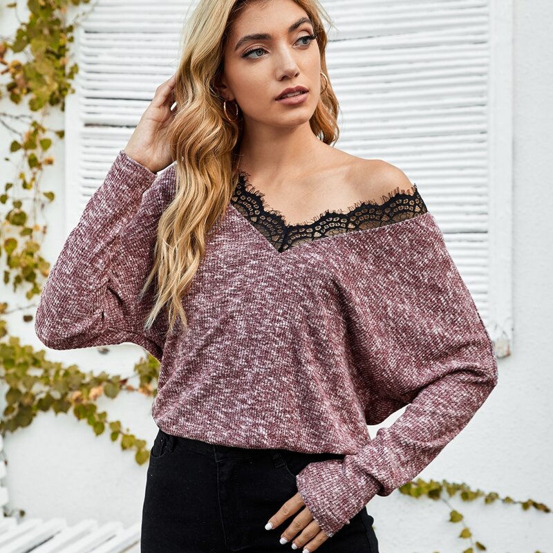 

Drop Shoulder Eyelash Lace Trim Neck Sweater, Redwood