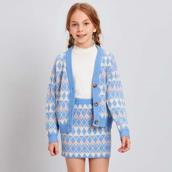 

Girls Raglan Sleeve Argyle Pattern Cardigan & Skirt Set, Multicolor