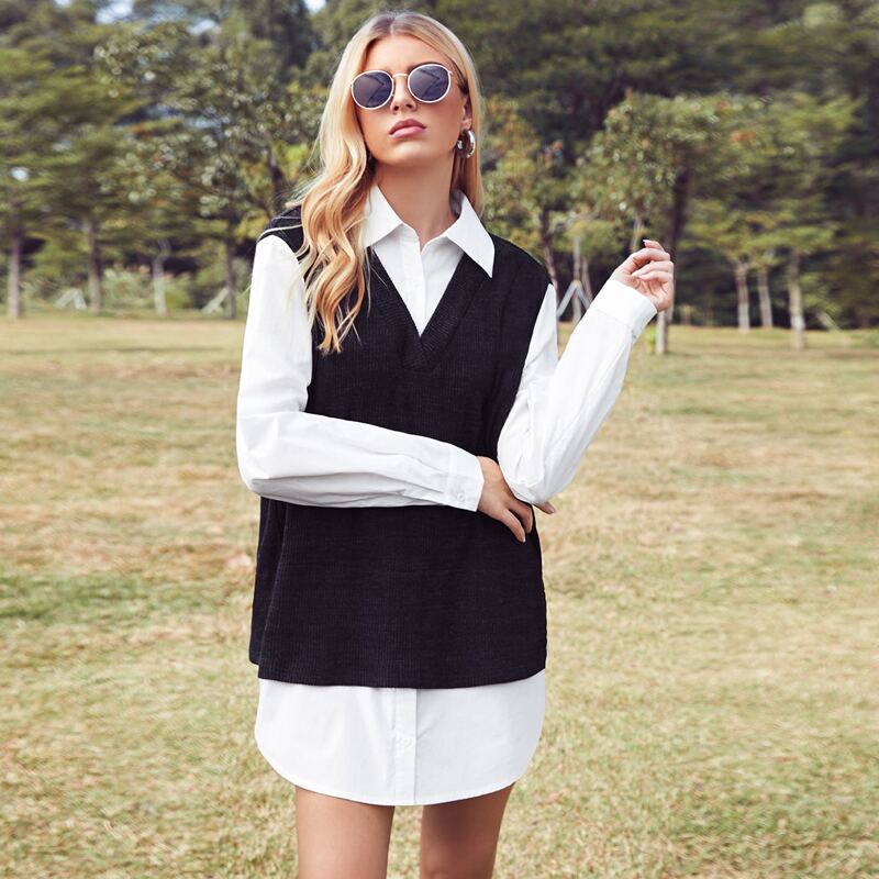 

Curved Hem Two Tone 2 In 1 Dress, Black and white