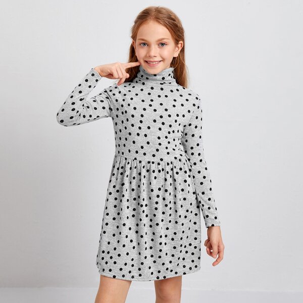

Girls High Neck Polka-dot Print Dress, Light grey