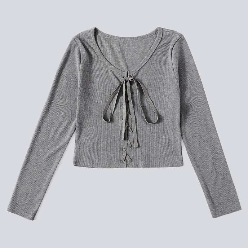 

Lace-up Ribbed Top, Grey