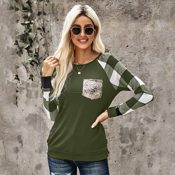 

Contrast Gingham Raglan Sleeve Sequin Pocket Sweatshirt, Army green