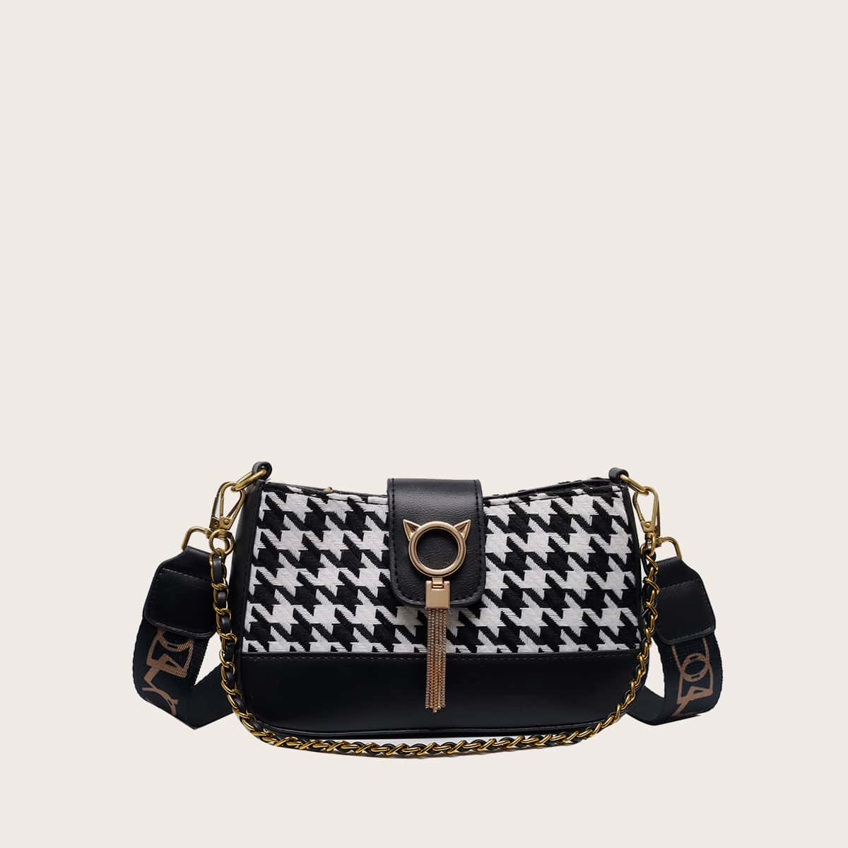 

Houndstooth Tassel Decor Shoulder Bag, Black