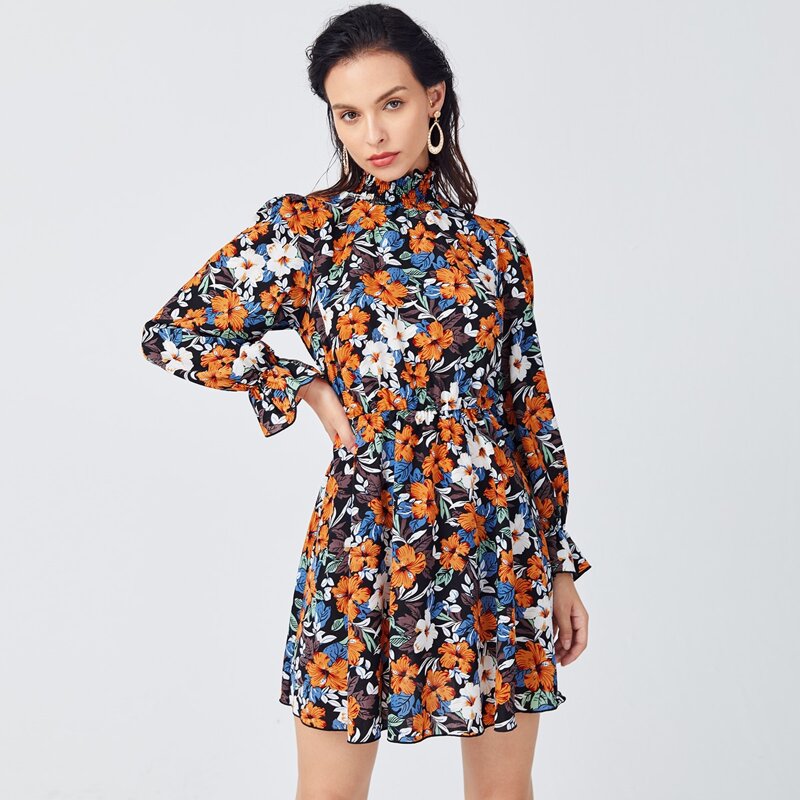 

Shirred Neck Flounce Sleeve Floral Dress, Multicolor