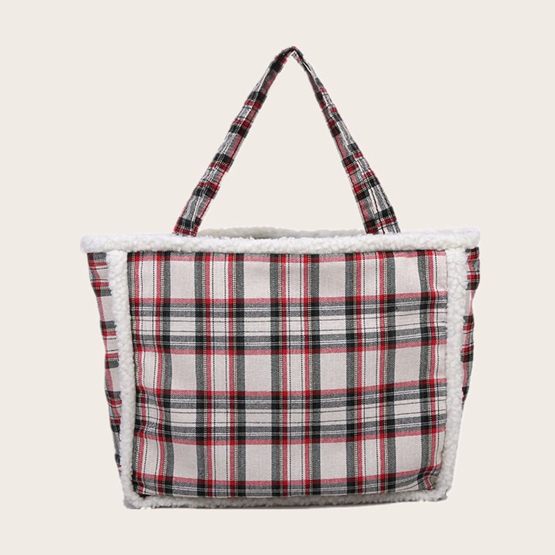 

Tartan Fluffy Trim Tote Bag, Multicolor