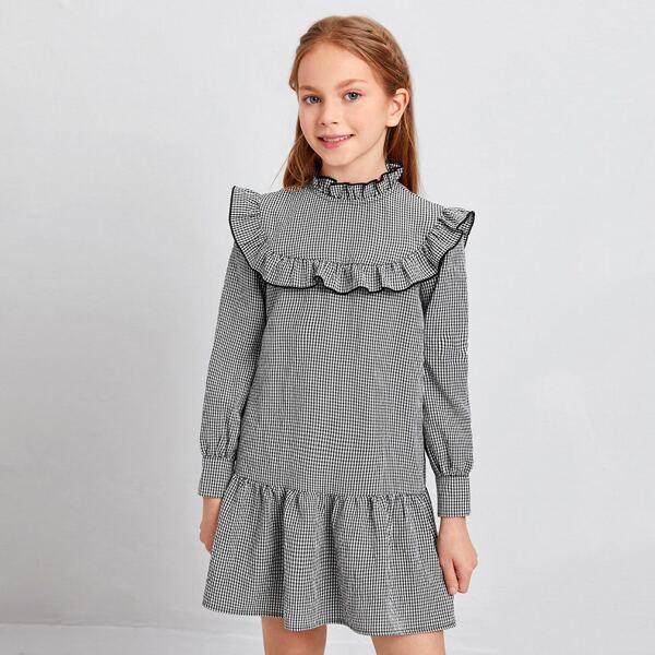 

Girls Mock-Neck Ruffle Trim Gingham Dress, Black and white