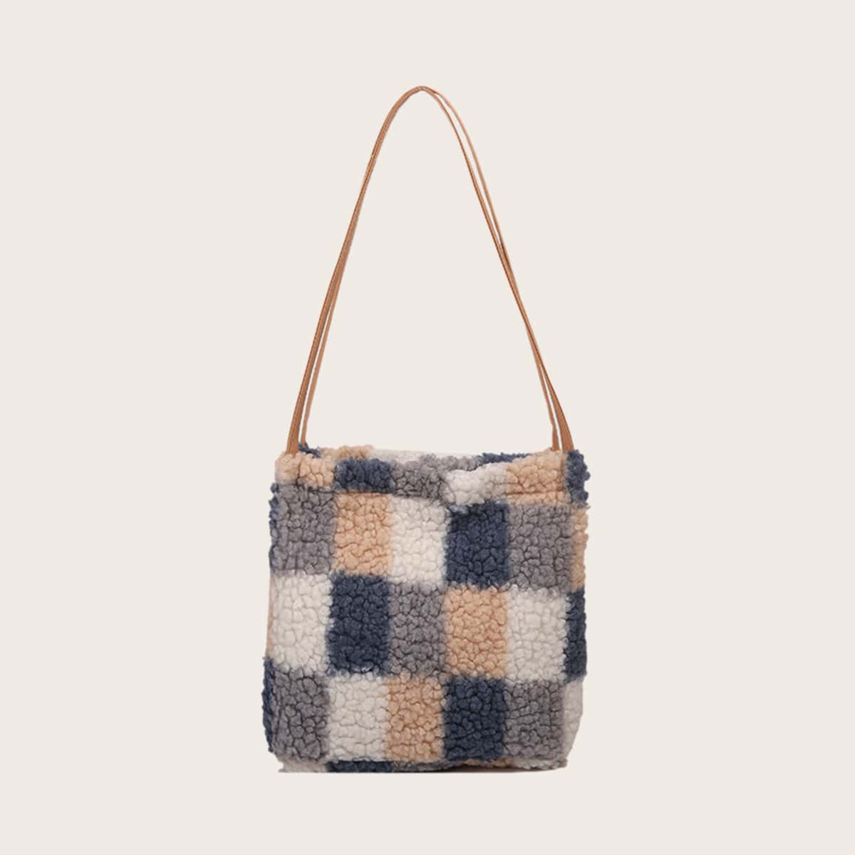 

Plaid Pattern Teddy Shoulder Bag, Blue