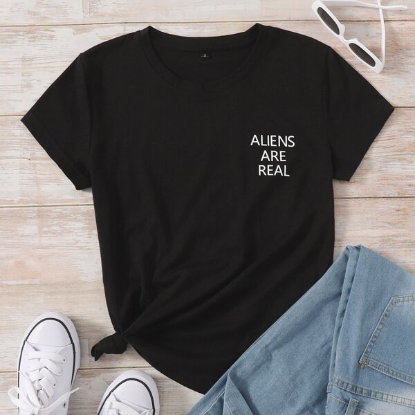 

Slogan Graphic Round Neck Tee, Black