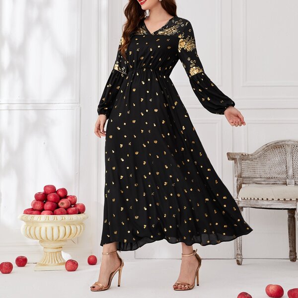 

Gold Floral Print Bishop Sleeve A-line Dress, Black