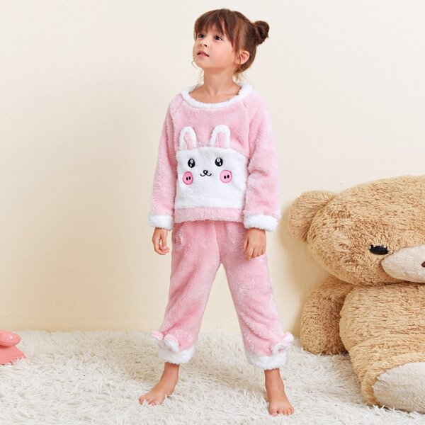 

Toddler Girls Cartoon Embroidery 3D Ear Patched Flannel PJ Set, Baby pink