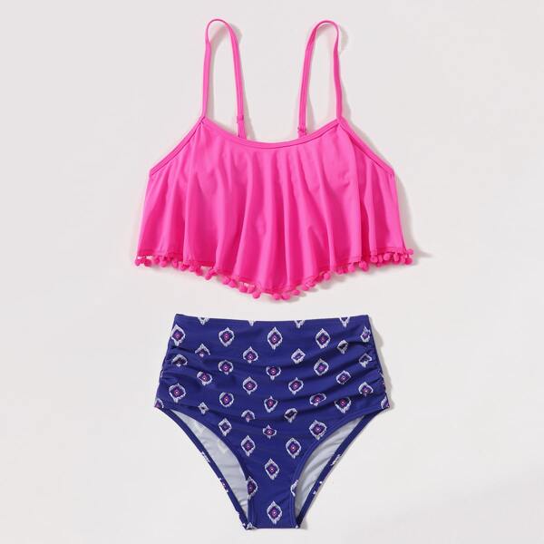 

Geo Print Pom-pom High Waisted Bikini Swimsuit, Multicolor
