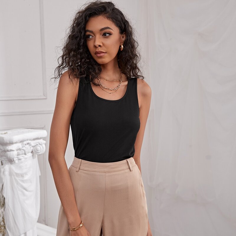 

Rib-knit Solid Tank Top, Black