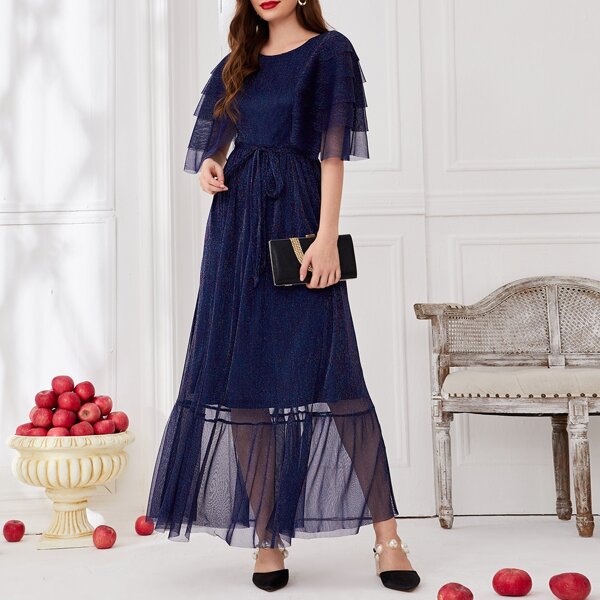 

Layered Sleeve Ruffle Hem Belted Mesh Overlay Dress, Navy blue