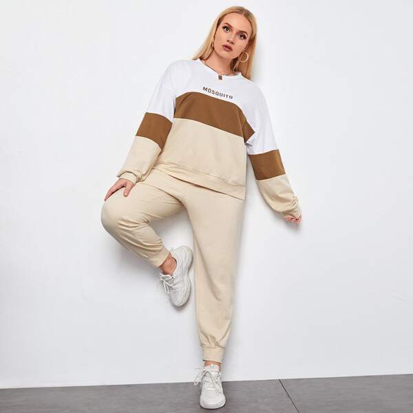 

Plus Drop Shoulder Cut And Sew Sweatshirt & Sweatpants, Multicolor
