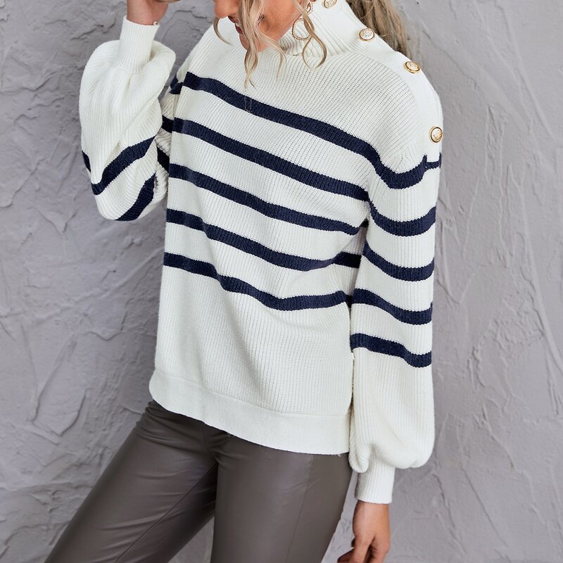 

Buttoned Side Lantern Sleeve Striped Sweater, White