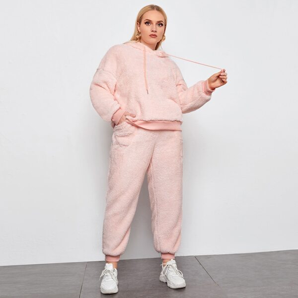 

Plus Teddy Drop Shoulder Drawstring Hoodie & Sweatpants, Baby pink