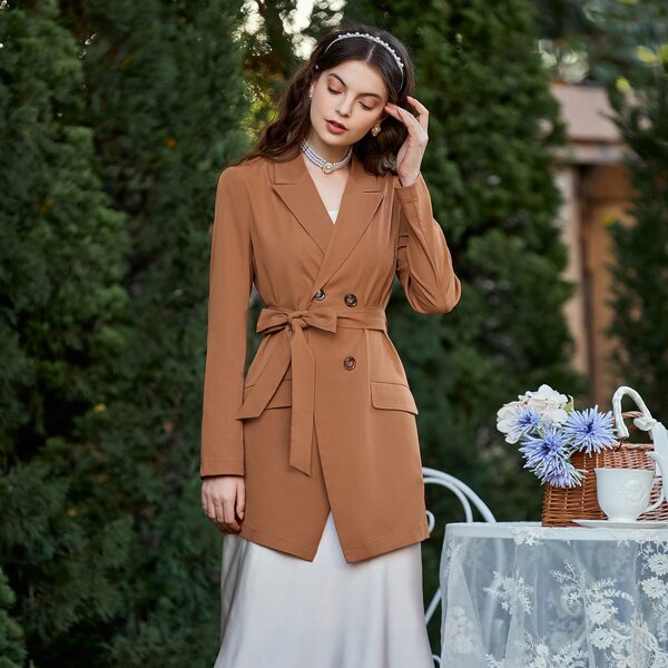 

Lapel Collar Belted Double Breasted Blazer, Rust brown