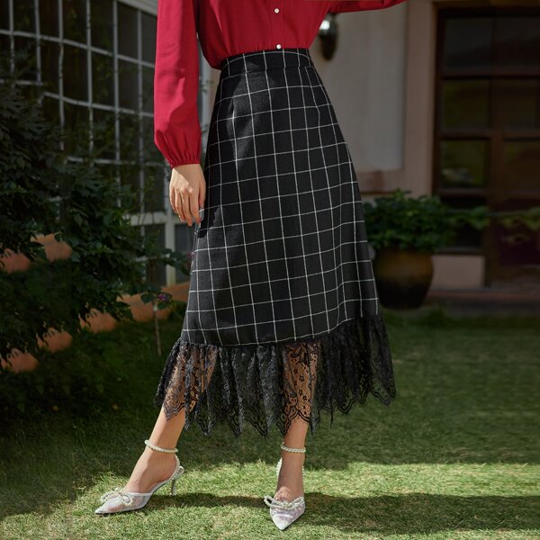 

Lace Panel Plaid A-line Skirt, Black