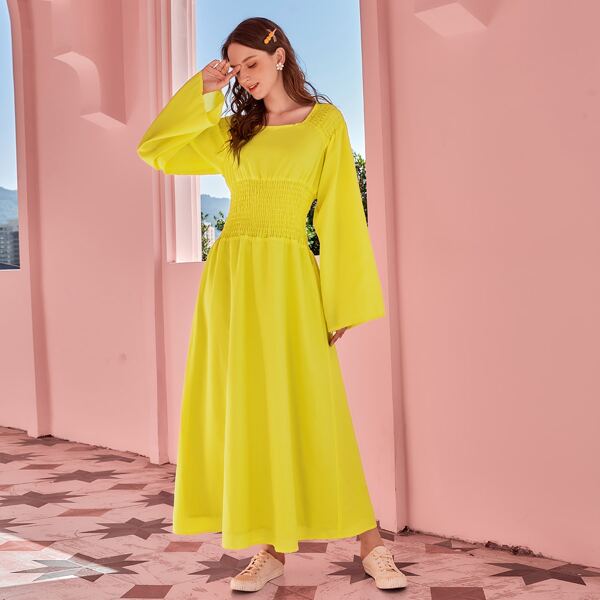 

Square Neck Shirred Waist A-line Dress, Yellow