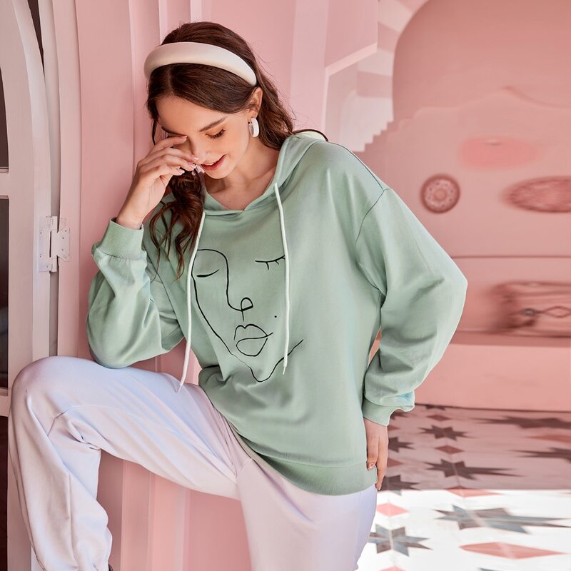 

Figure Graphic Drop Shoulder Drawstring Hoodie, Mint green