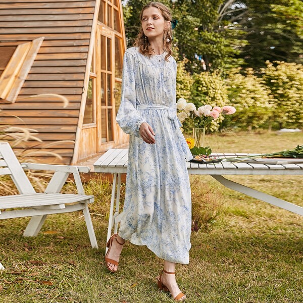 

Floral Bishop Sleeve Belted A-line Dress, Blue and white