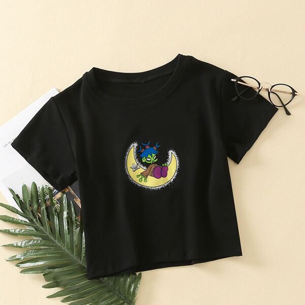 

Cartoon Graphic Round Neck T-Shirt, Black