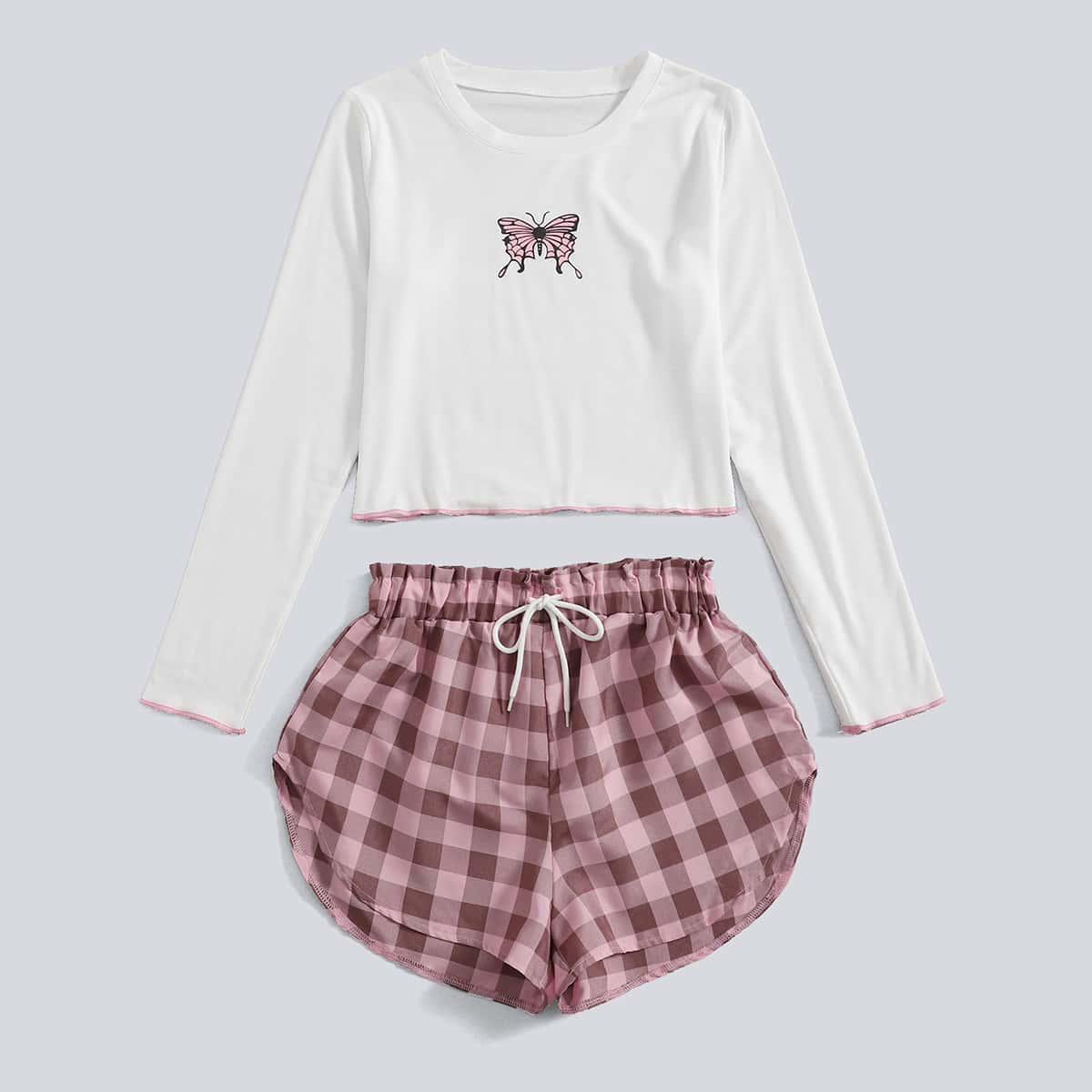 

Butterfly & Plaid Print Drawstring Waist PJ Set, Multicolor