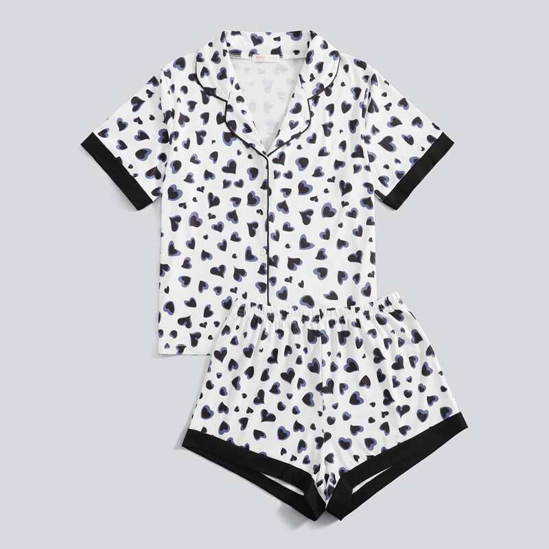

Heart Print Button Up PJ Set, Multicolor