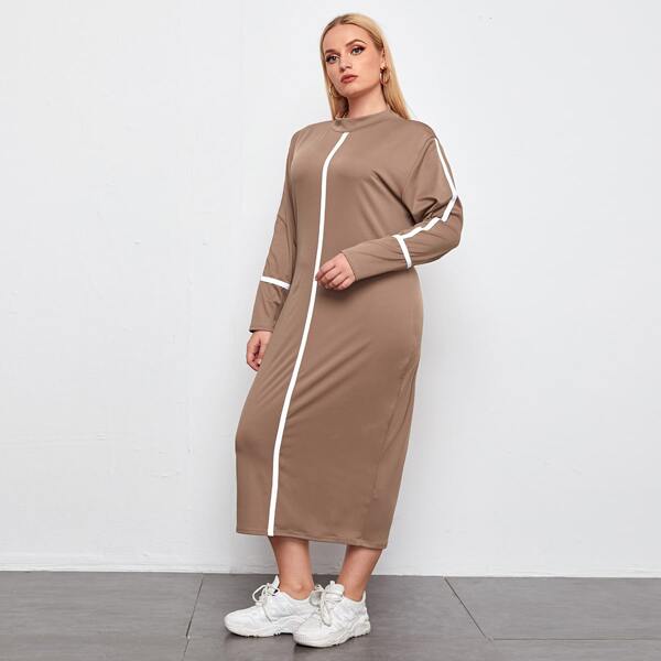 

Plus Contrast Binding Mock Neck Tee Dress, Khaki