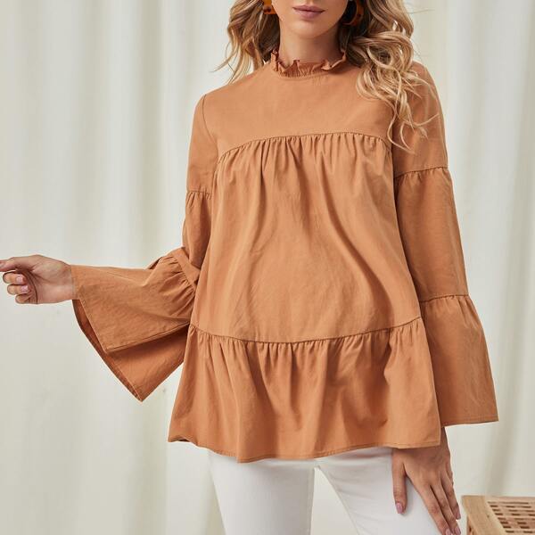 

Maternity Frill Neck Flounce Sleeve Top, Khaki