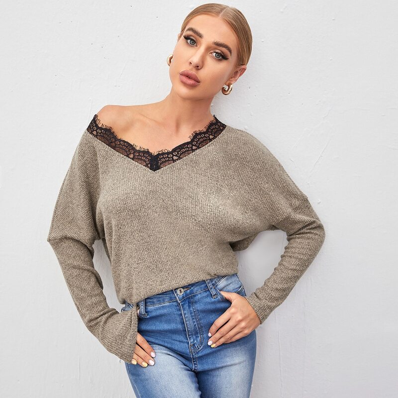

Drop Shoulder Eyelash Lace Trim Neck Sweater, Khaki