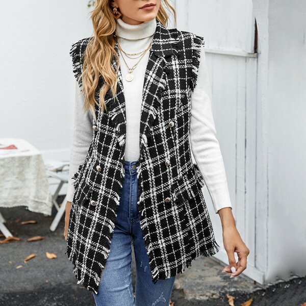 

Plaid Raw Hem Tweed Vest, Black and white
