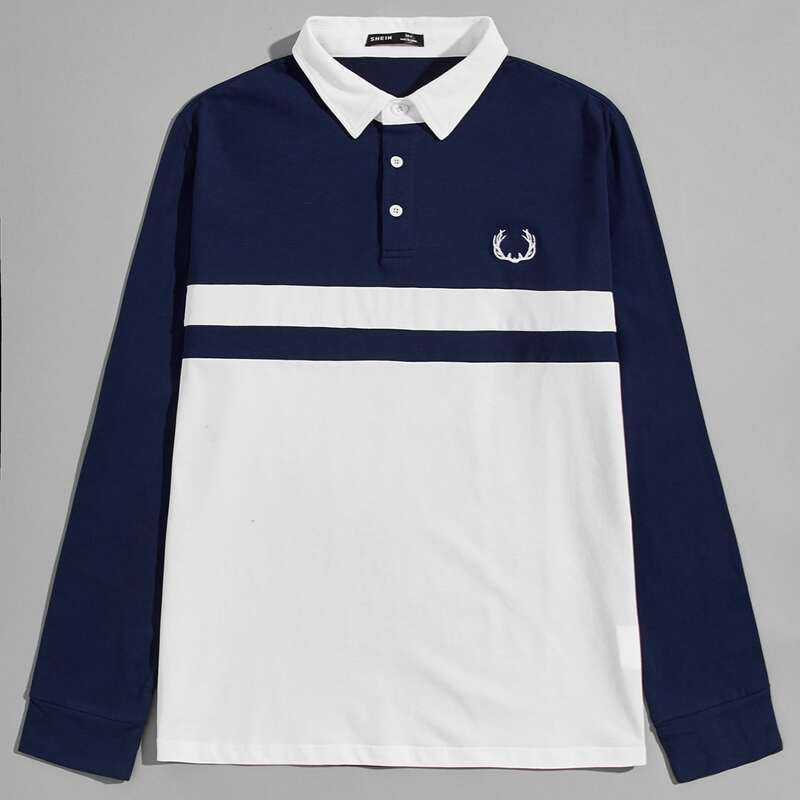 

Guys Graphic Embroidery Two Tone Polo Shirt, Blue and white