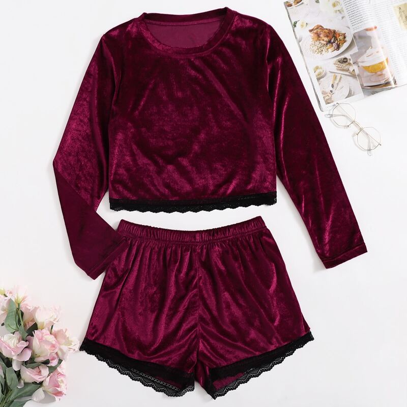 

Lace Trim Velvet PJ Set, Maroon
