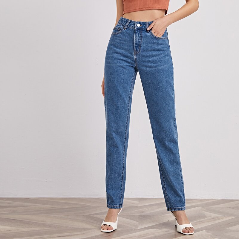 

High Waist Slant Pocket Mom Jeans, Medium wash