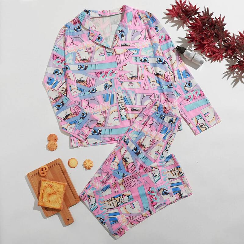 

Comic Pattern Lapel Neck PJ Set, Multicolor