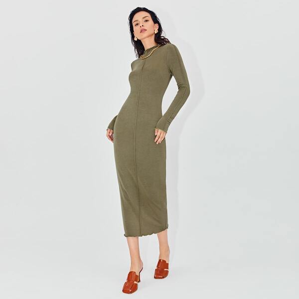 

Mock Neck Lettuce Trim Form Fitted Dress, Army green