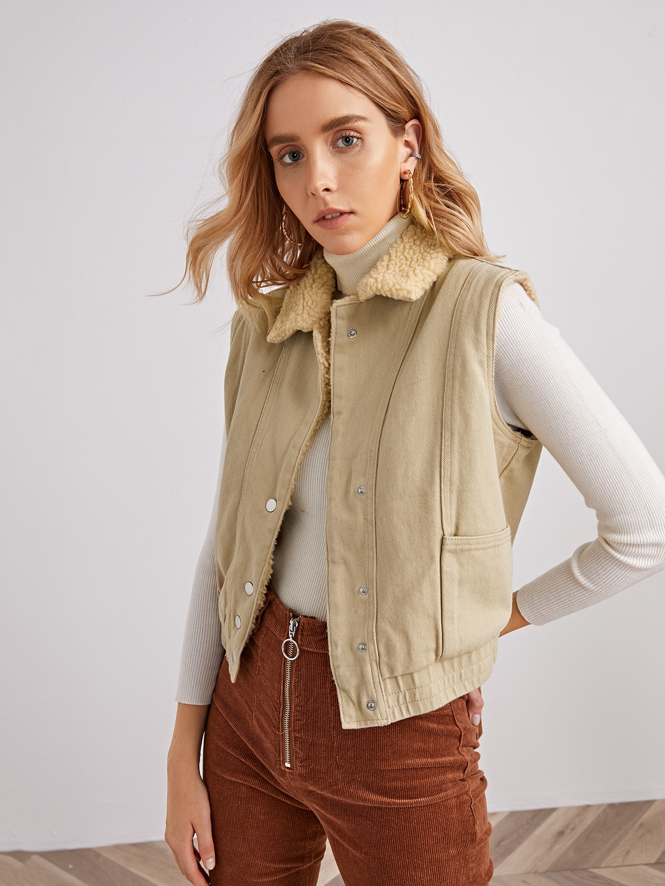 Faux Shearing Lined Button Front Denim Top thumbnail