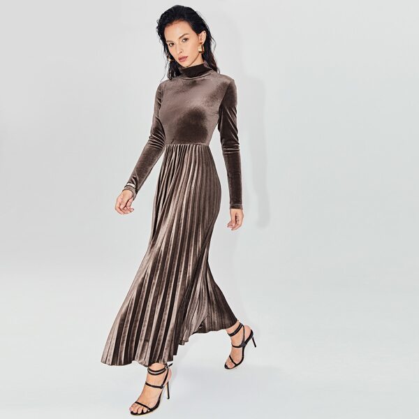 

Mock Neck Pleated Hem Solid Velvet Dress, Chocolate brown