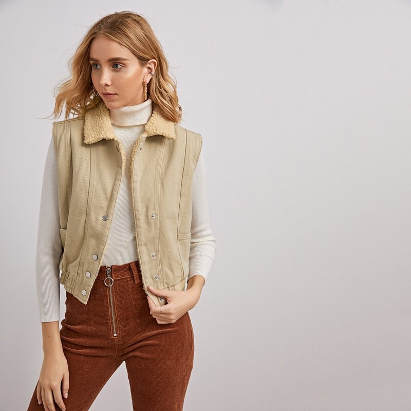

Faux Shearing Lined Button Front Denim Top, Khaki