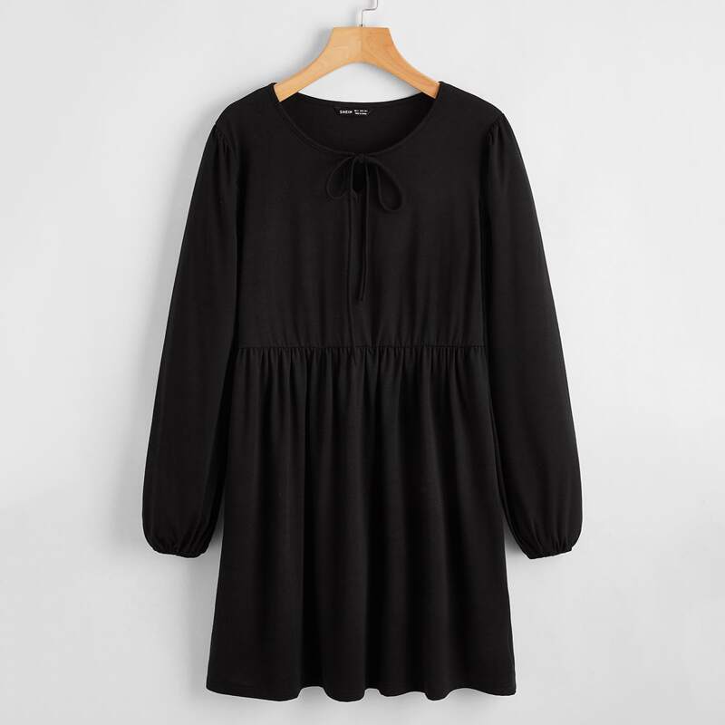 

Solid Tie Front Smocked Dress, Black