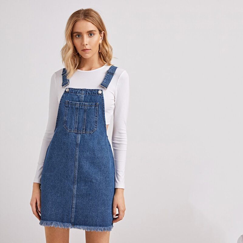 

Raw Hem Patch Pocket Pinafore Denim Dress, Medium wash