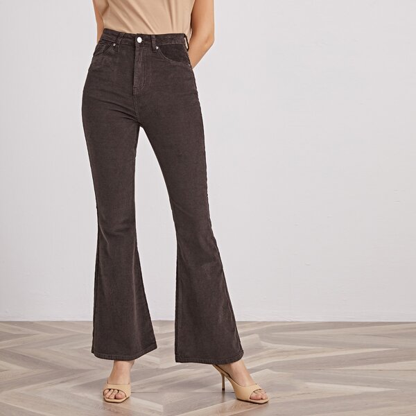 

High Waist Slant Pocket Flare Leg Cord Pants, Chocolate brown